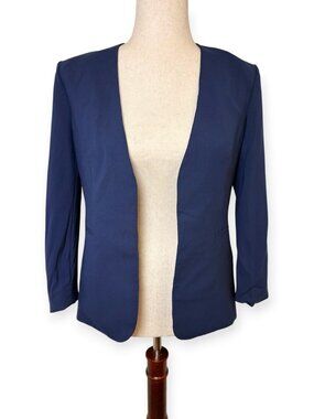 Theory Lanai Navy Blue Collarless Open Front Blazer Jacket Minimalist Size 4